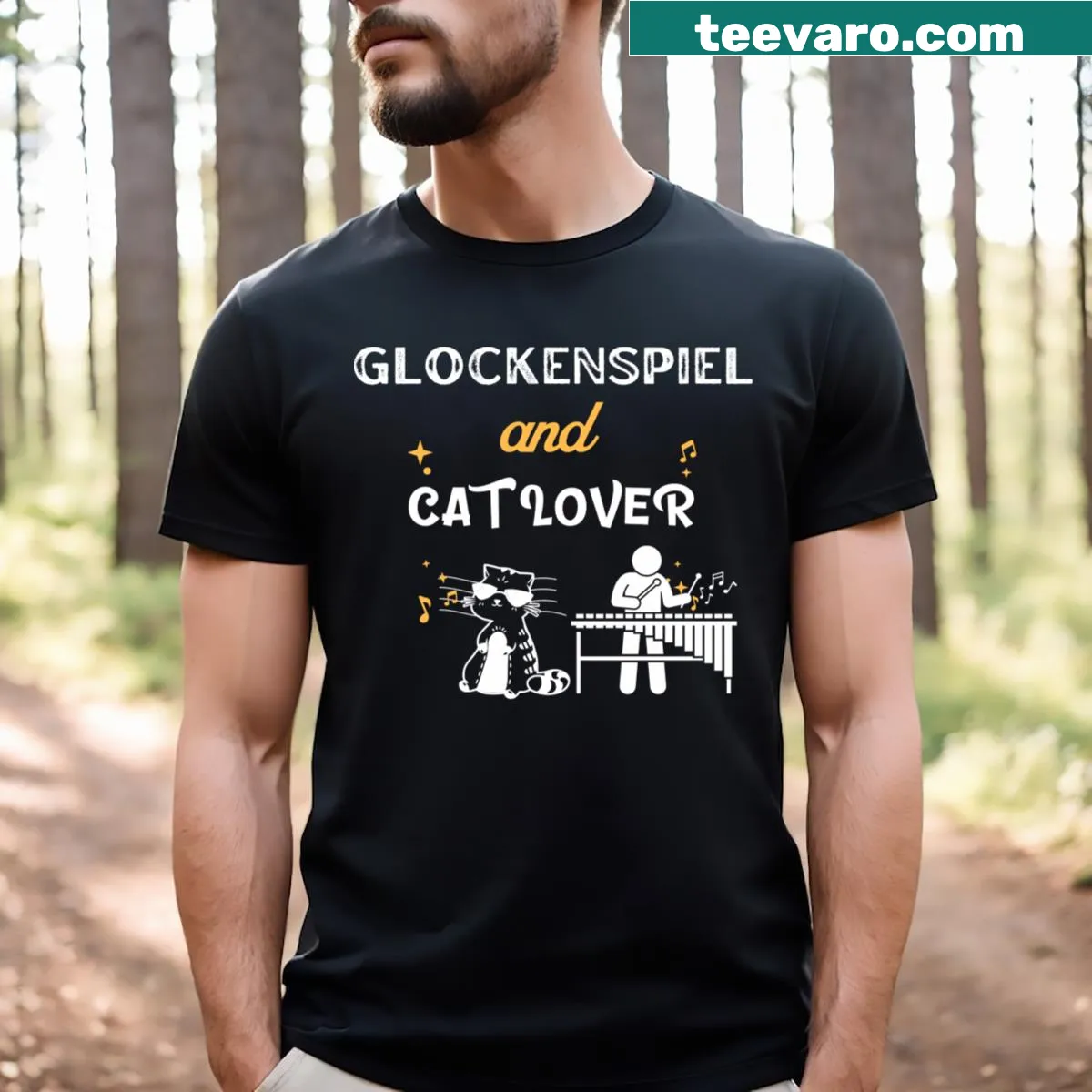 Illustrated t-shirt featuring a cat and a glockenspiel — on a men's t-shirt