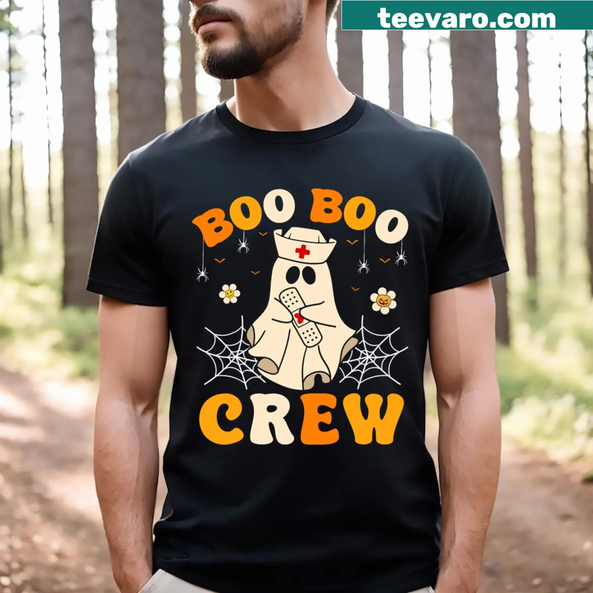 Halloween t-shirt for nurses with ghost and Boo Boo Crew text — on a men's t-shirt