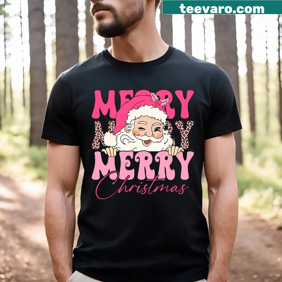 Fun T-shirt with pink Santa and leopard print for the holidays — on a men's t-shirt