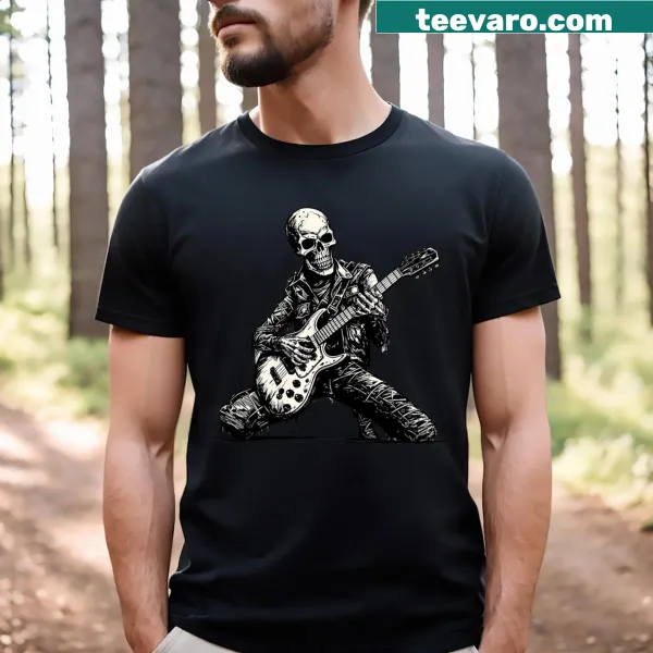 Skeleton playing guitar with skull design for Halloween celebration
