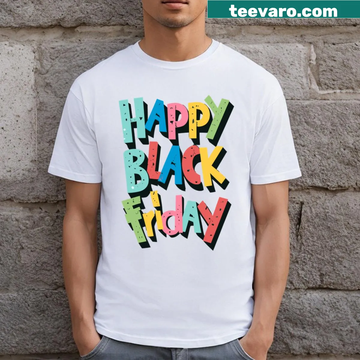 Happy Black Friday t-shirt with bold graphic text — on a men's t-shirt