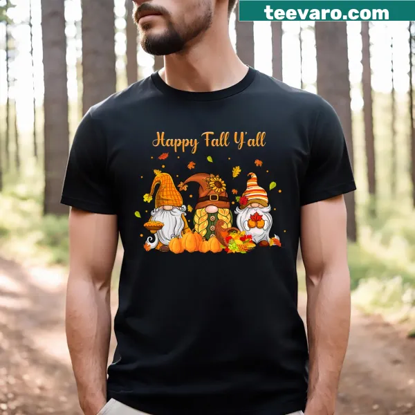 Gnome and pumpkin autumn design on a playful fall T-shirt.