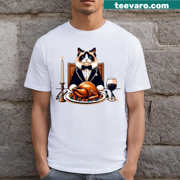 Charming Ragdoll cat design for Thanksgiving on a T-shirt.