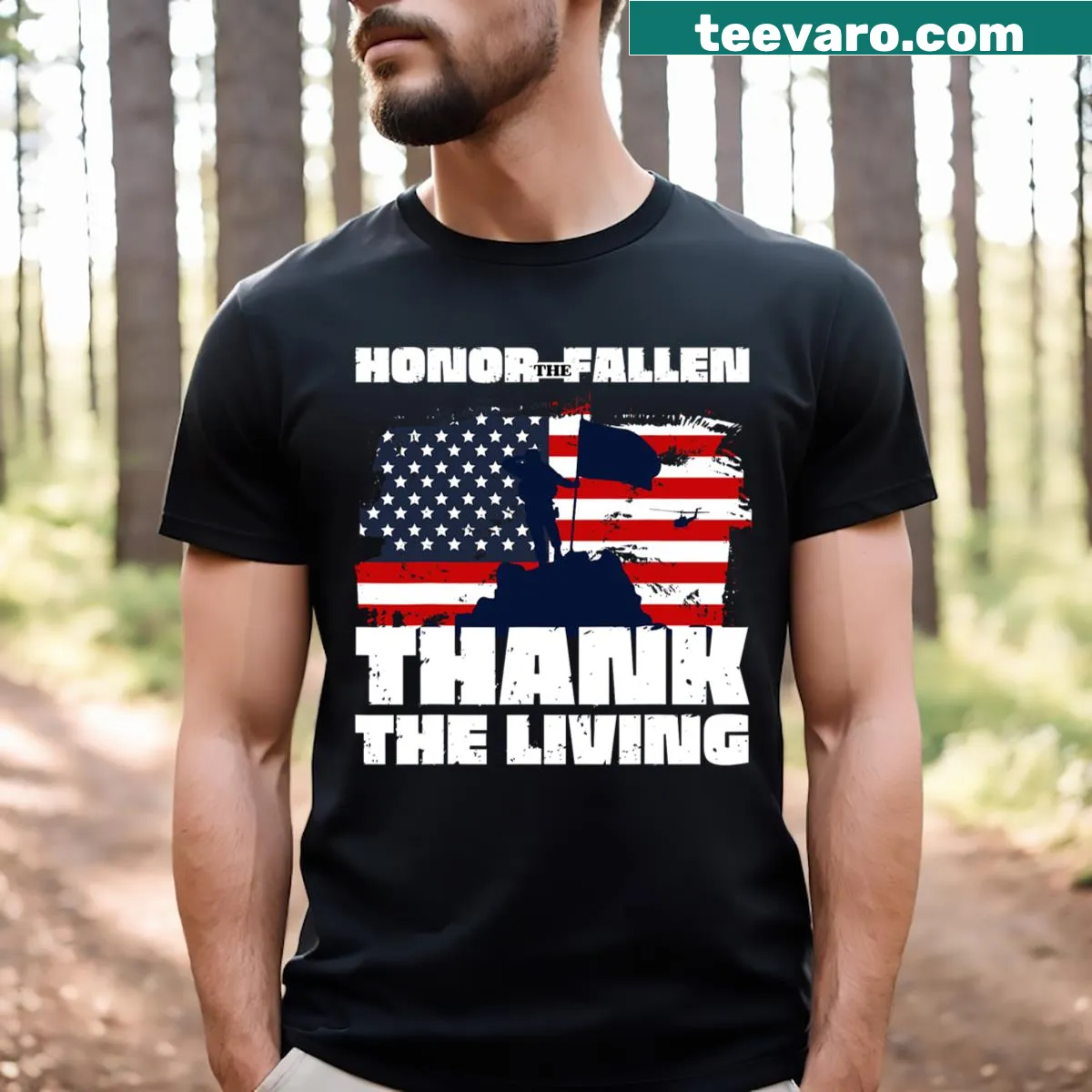 Veteran Day Memorial T-shirt with tribute text honoring fallen and living veterans — on a men's t-shirt