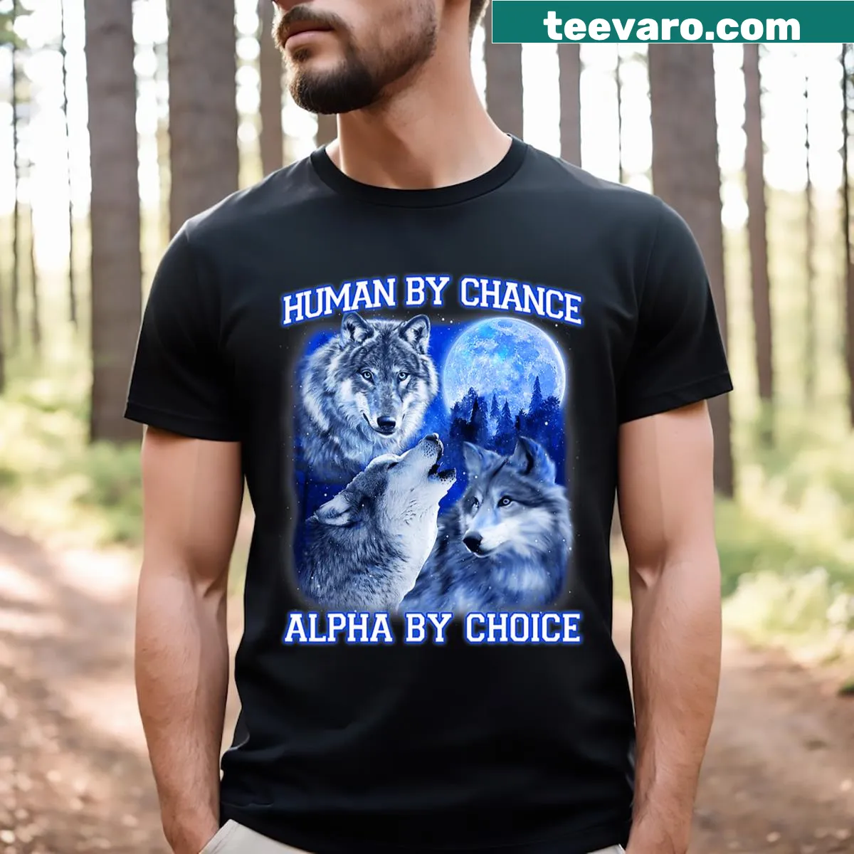 Bold graphic tee featuring an alpha wolf theme and motivational text — on a men's t-shirt