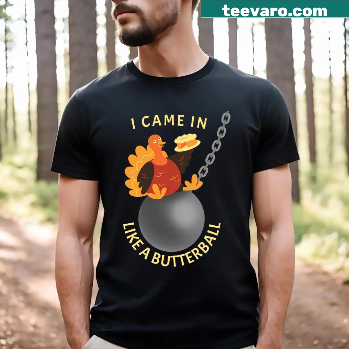 Funny Thanksgiving T-shirt featuring a Butterball turkey graphic — on a men's t-shirt