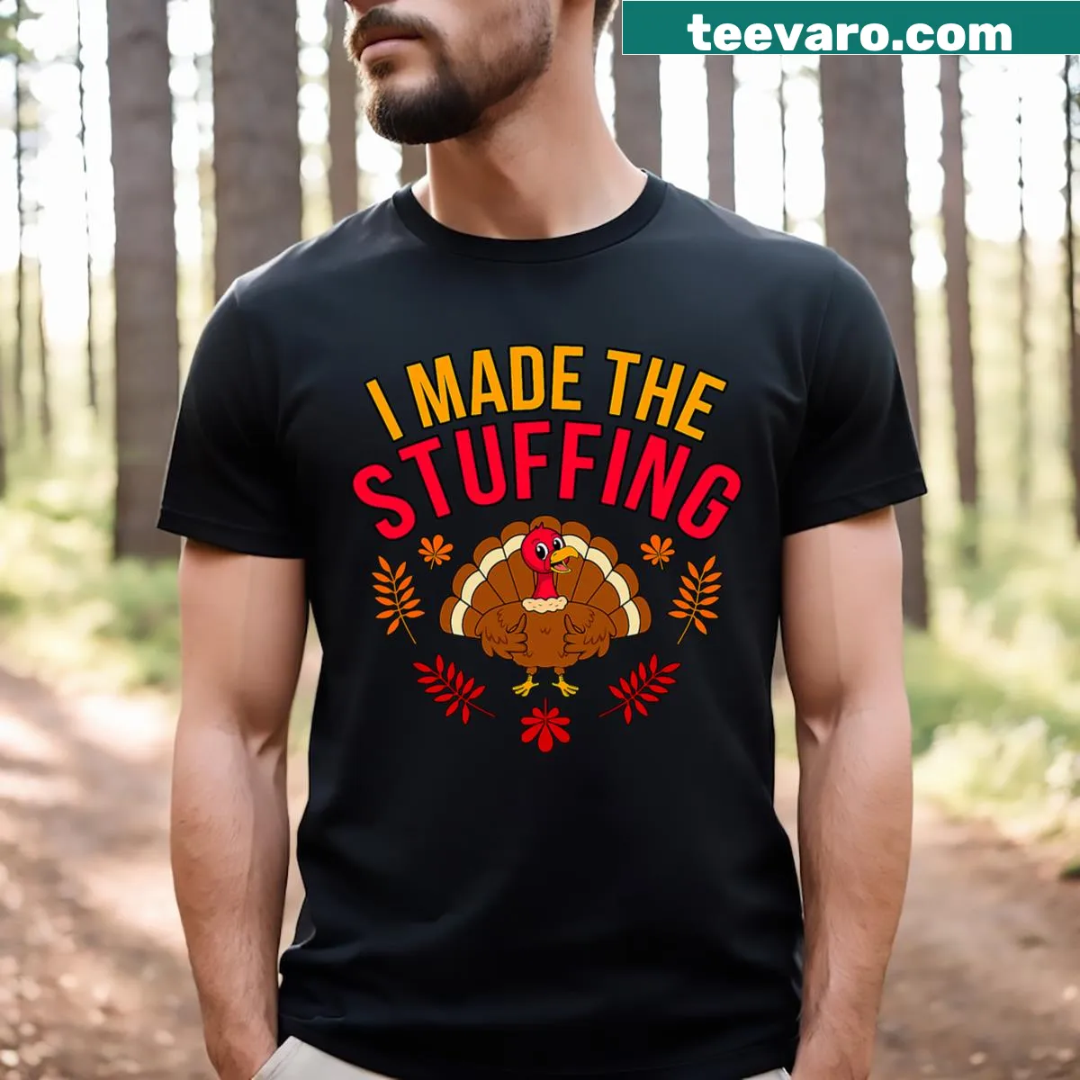 Thanksgiving shirt featuring graphic celebrating stuffing and family cooking — on a men's t-shirt