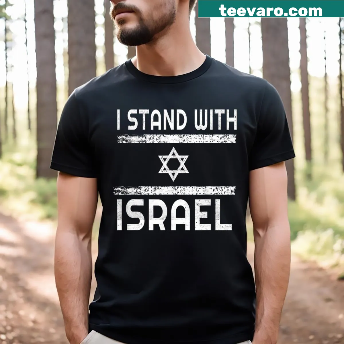I Stand With Israel t-shirt with bold text — on a men's t-shirt
