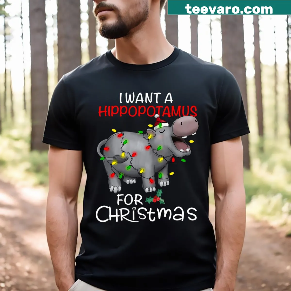 Cute Christmas t-shirt with a cartoon hippopotamus — on a men's t-shirt
