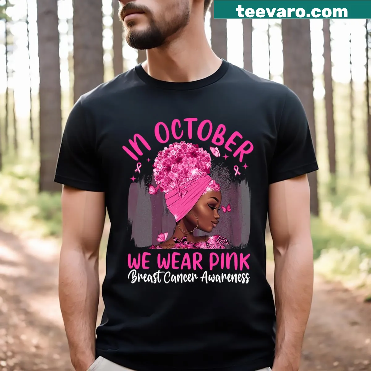T-shirt with 'In October We Wear Pink' text for breast cancer awareness — on a men's t-shirt