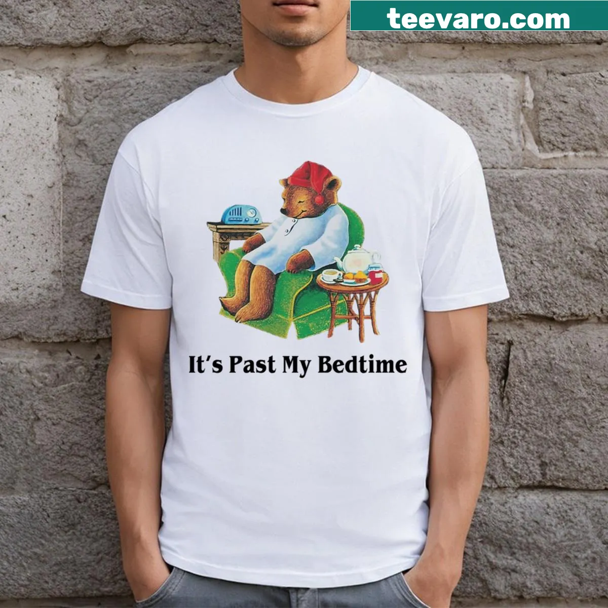 Funny bear lover t-shirt with humorous bedtime slogan — on a men's t-shirt