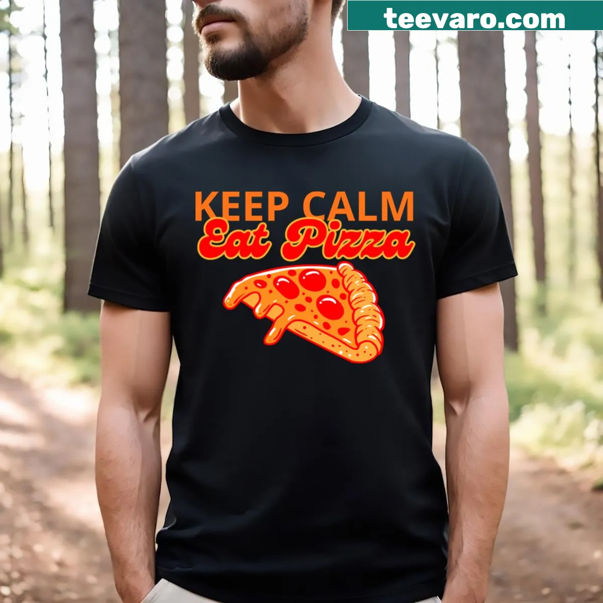 T-shirt with the phrase 'Keep Calm And Eat Pizza' in bold typography — on a men's t-shirt