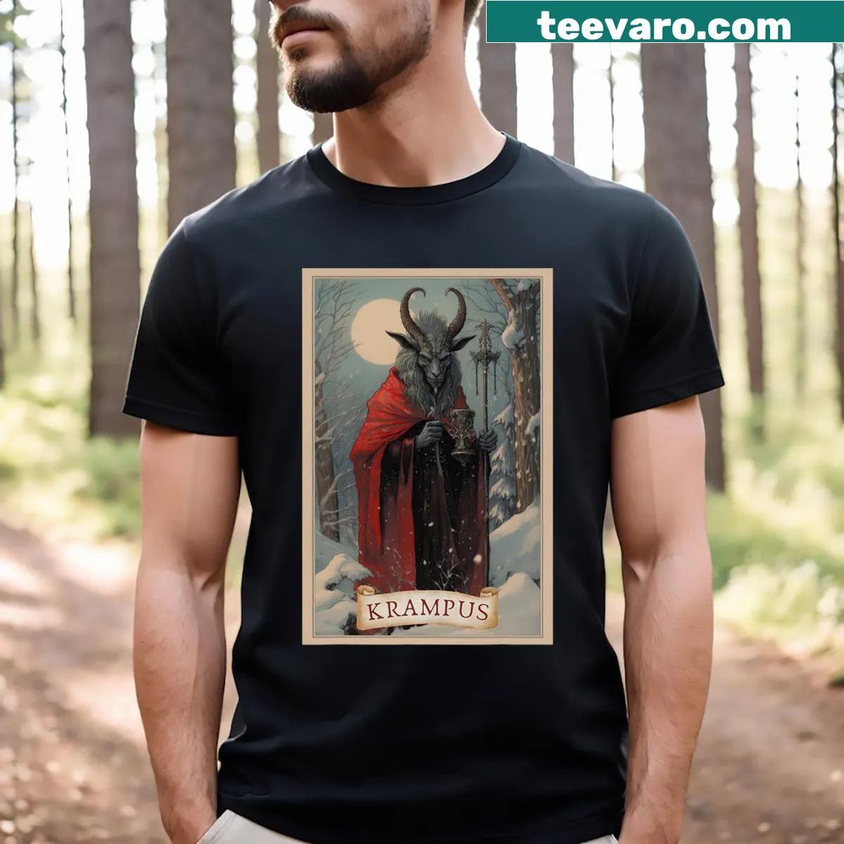 Unique Krampus tarot card design T-shirt for the holiday season — on a men's t-shirt