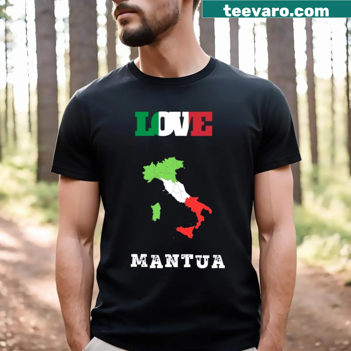 Minimalist T-shirt featuring the name Mantua in bold typography — on a men's t-shirt