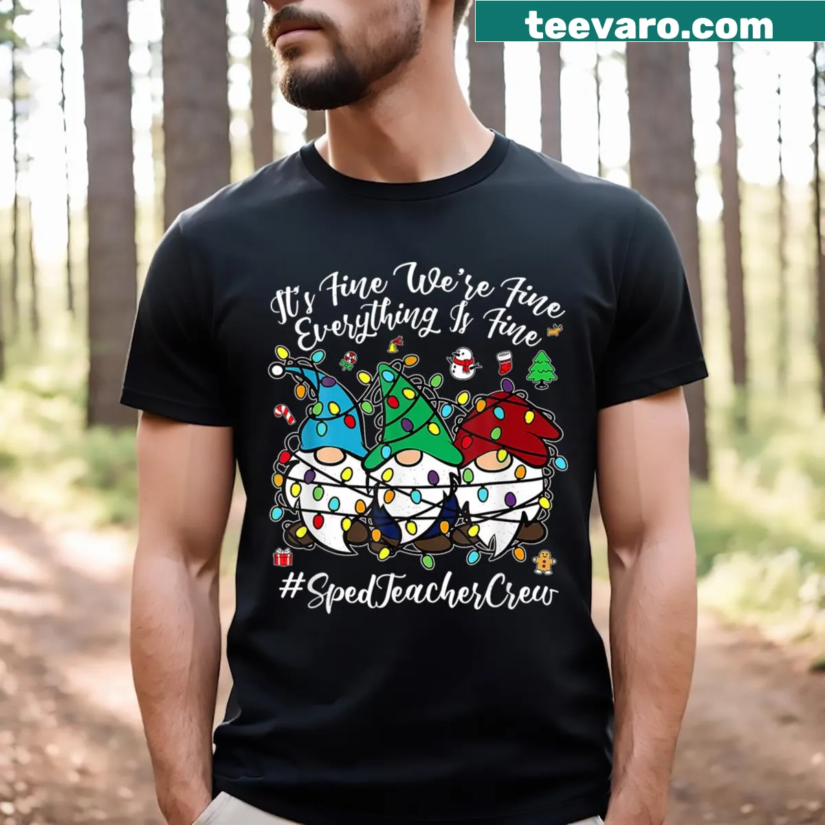 Funny gnome-themed Christmas T-shirt for teachers with a humorous message — on a men's t-shirt