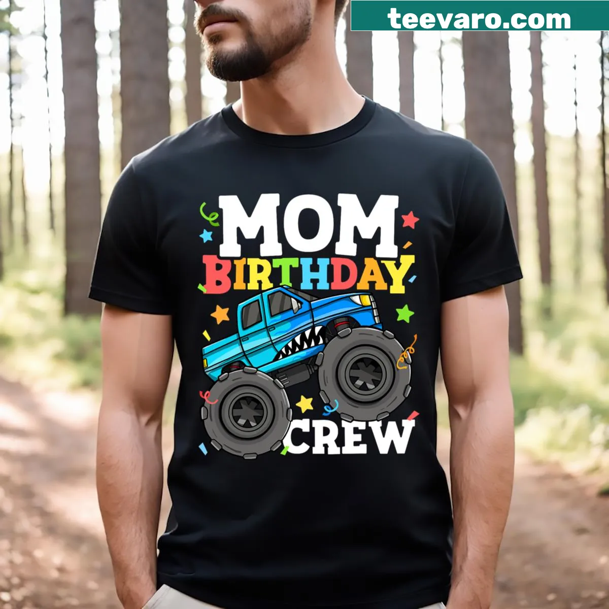 Mom Birthday T-shirt with monster truck graphic — on a men's t-shirt
