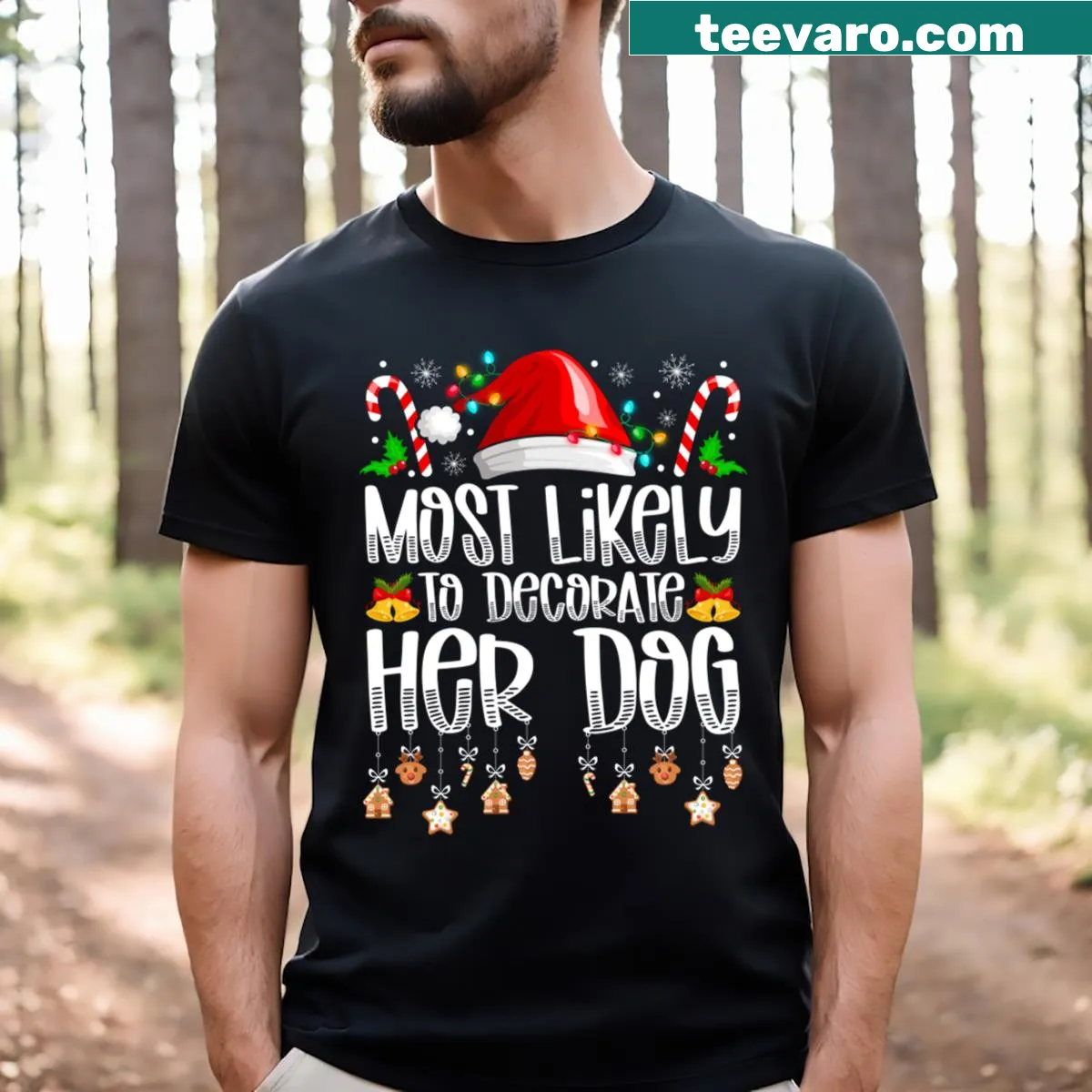 Funny shirt for dog lovers about decorating dogs for Christmas — on a men's t-shirt