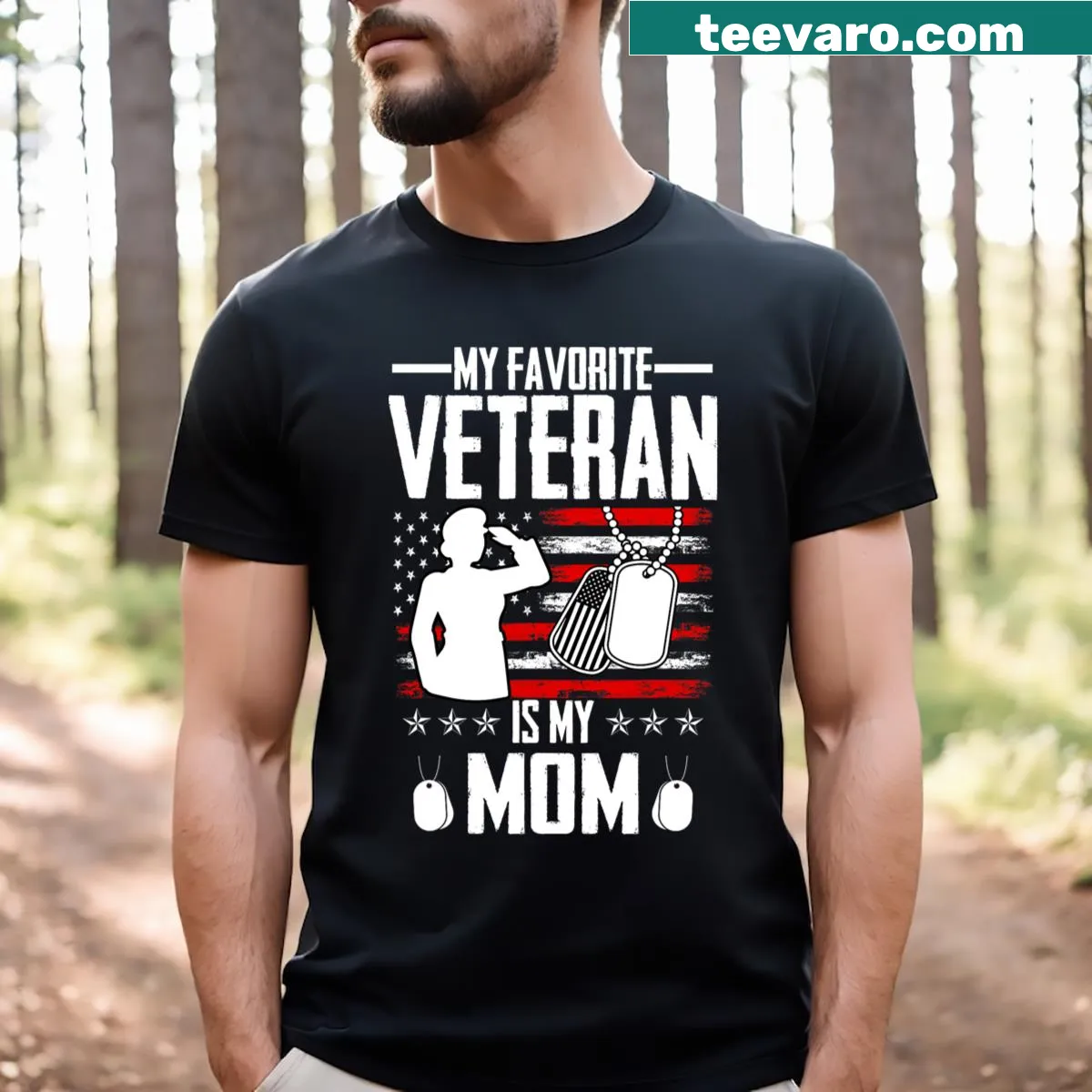 Vintage-style t-shirt with USA flag and text honoring veteran mom — on a men's t-shirt
