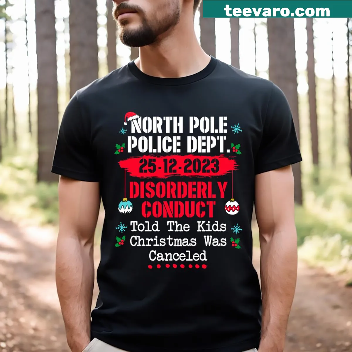Funny North Pole Police Christmas graphic T-shirt — on a men's t-shirt