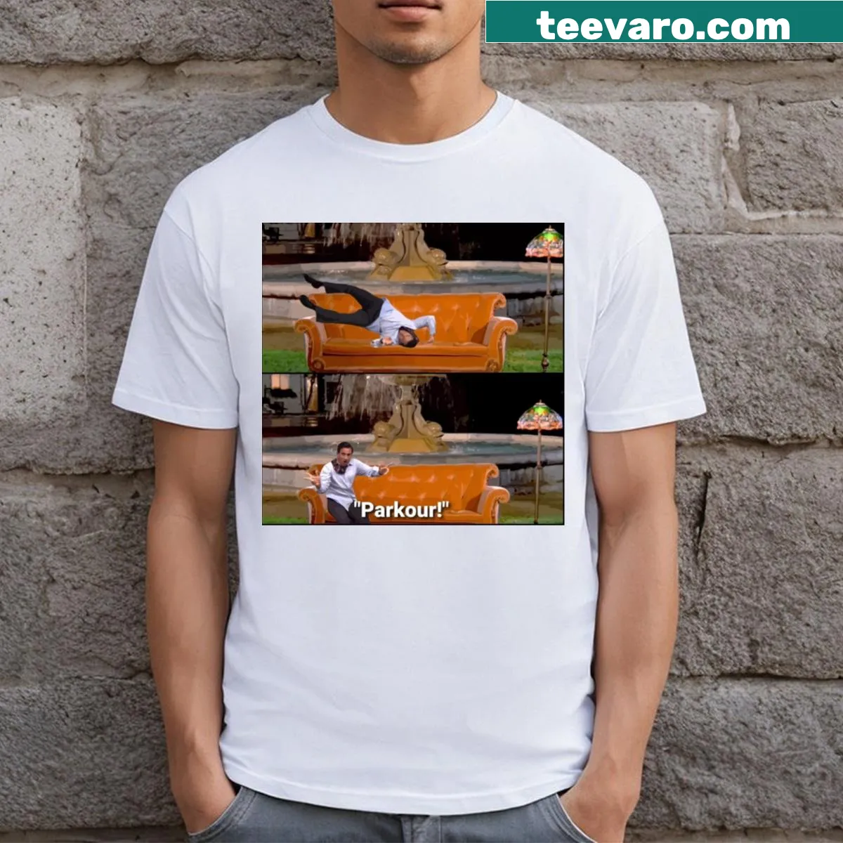 Cartoon t-shirt depicting parkour on a couch — on a men's t-shirt