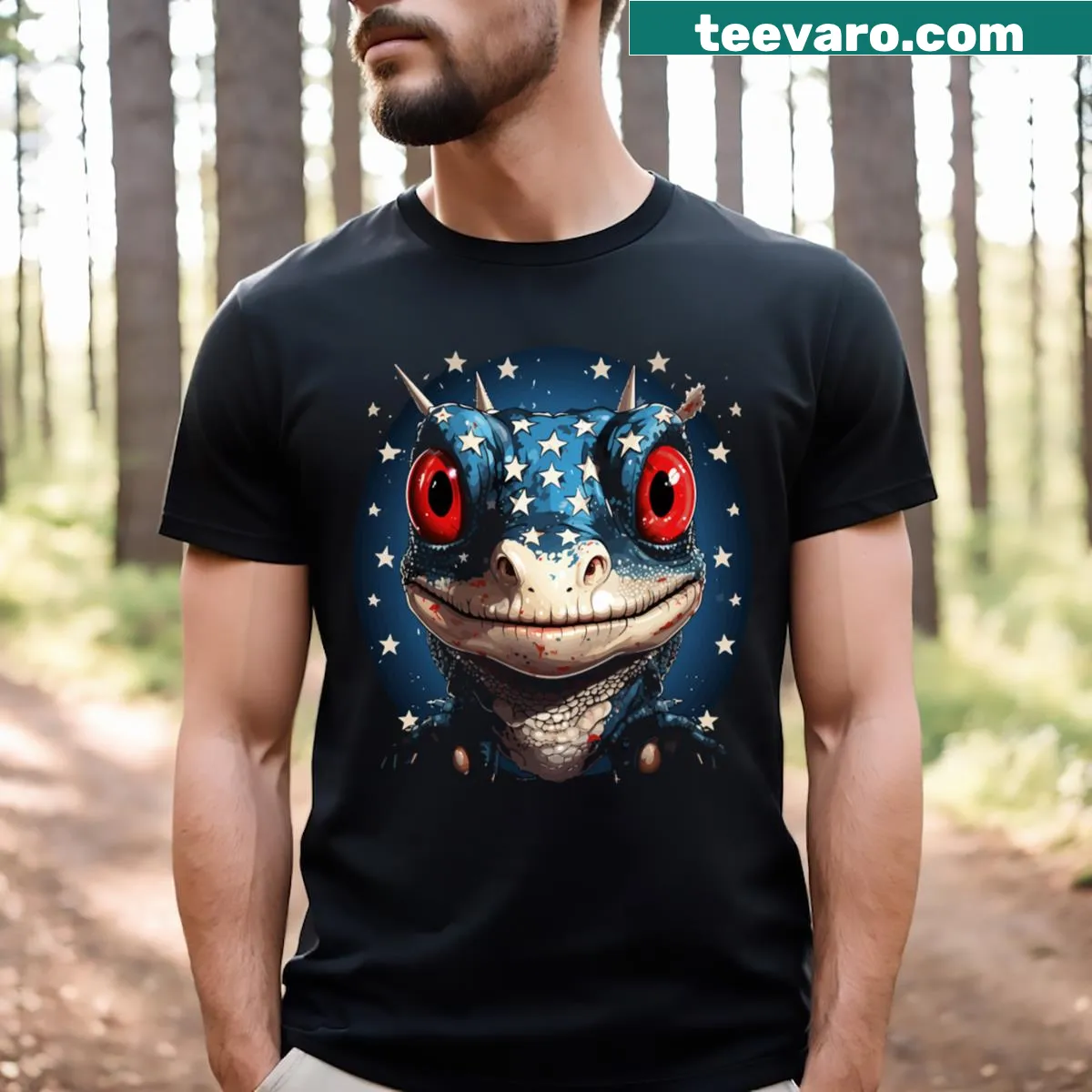Patriotic-themed t-shirt featuring a gecko illustration — on a men's t-shirt