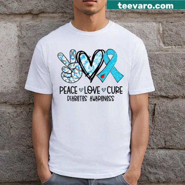 Diabetes awareness T-shirt with peace love cure message and blue ribbon