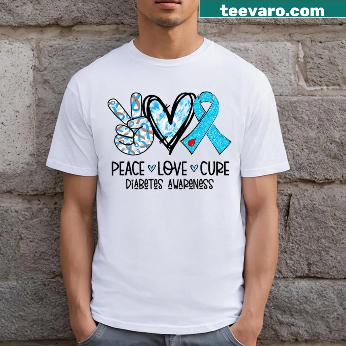 Diabetes awareness T-shirt with peace love cure message and blue ribbon — on a men's t-shirt