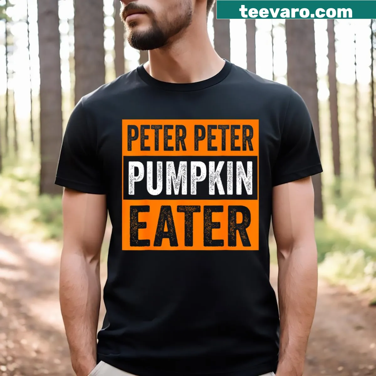 Funny Halloween couple's t-shirt featuring Peter Pumpkin Eater illustration — on a men's t-shirt