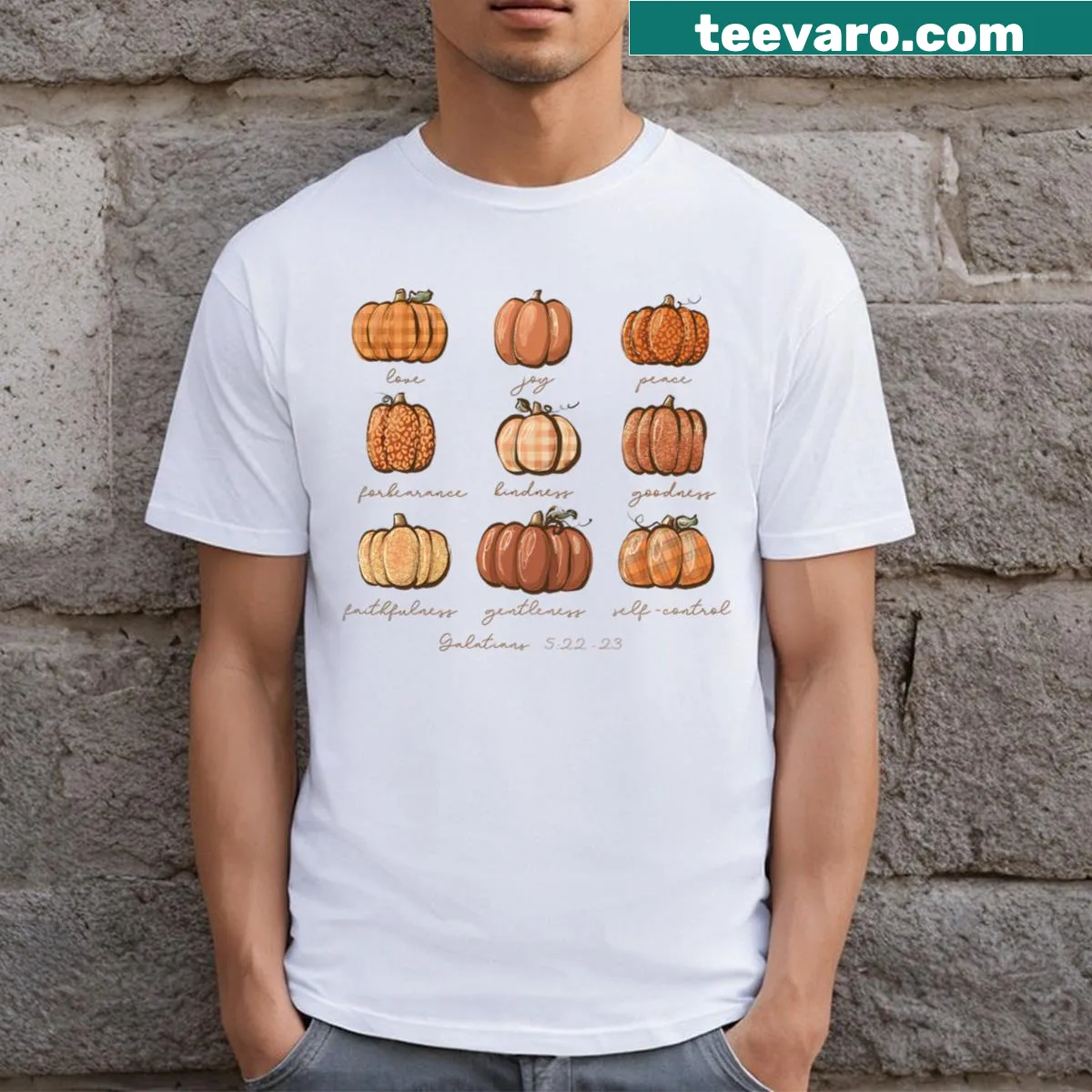 Pumpkin and plaid design T-shirt celebrating Halloween and Thanksgiving — on a men's t-shirt