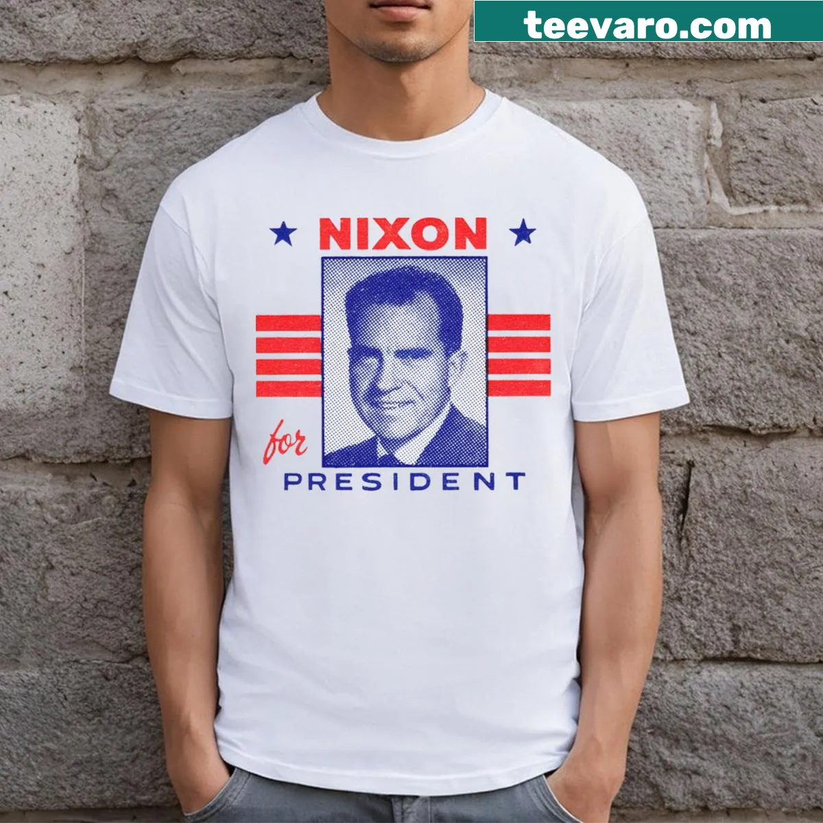 T-shirt featuring bold typography honoring Richard Nixon — on a men's t-shirt