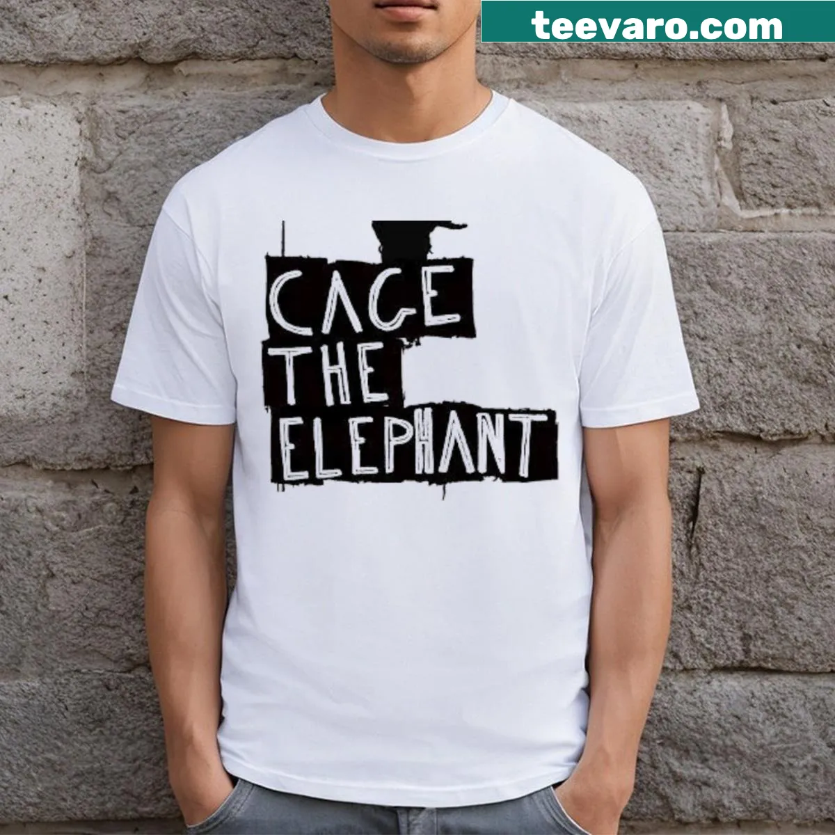Whimsical elephant graphic on tour for music band T-shirt — on a men's t-shirt
