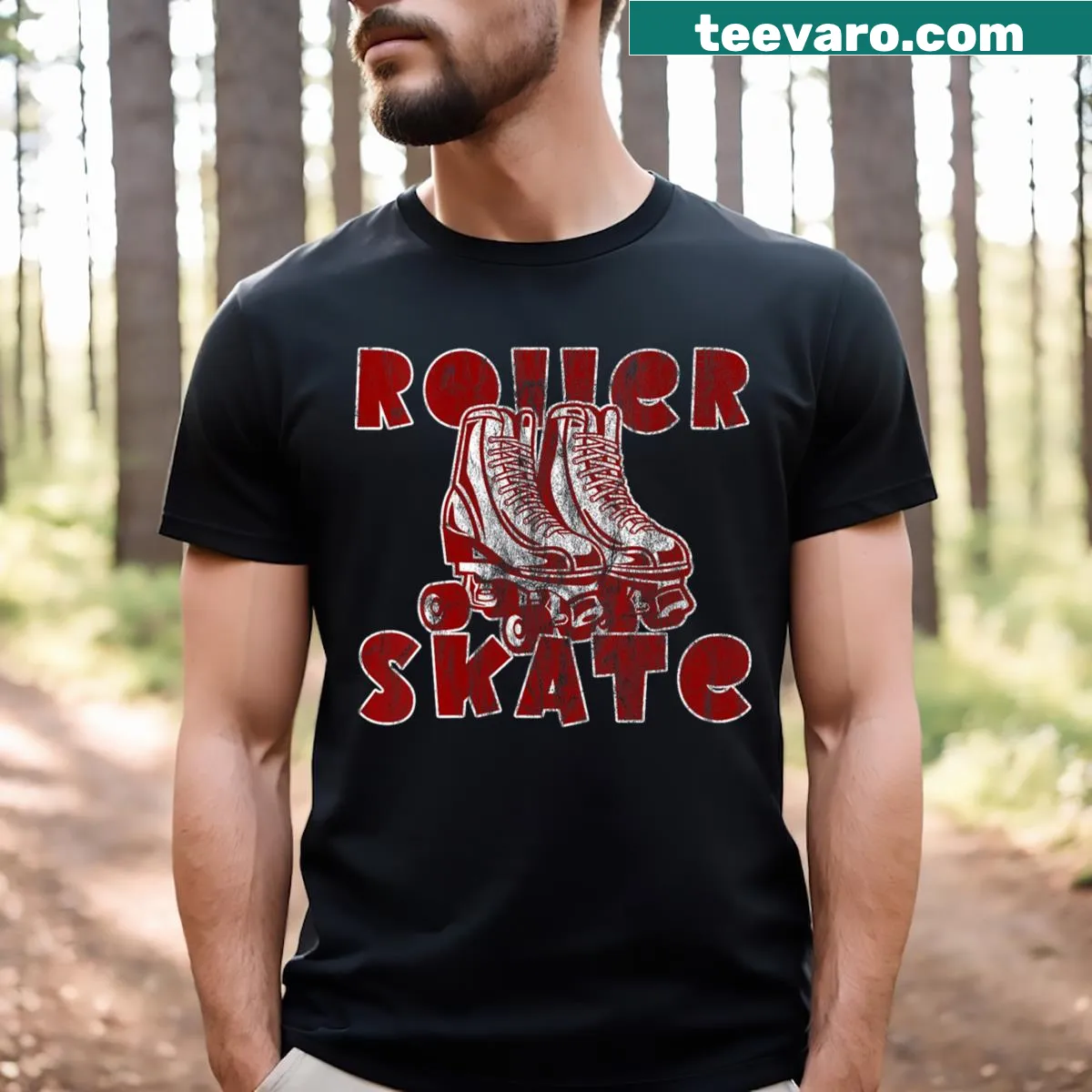 Vintage roller skate graphic t-shirt with v-neck design — on a men's t-shirt