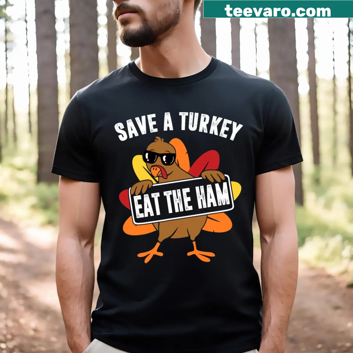 Funny Thanksgiving t-shirt advocating for ham instead of turkey — on a men's t-shirt