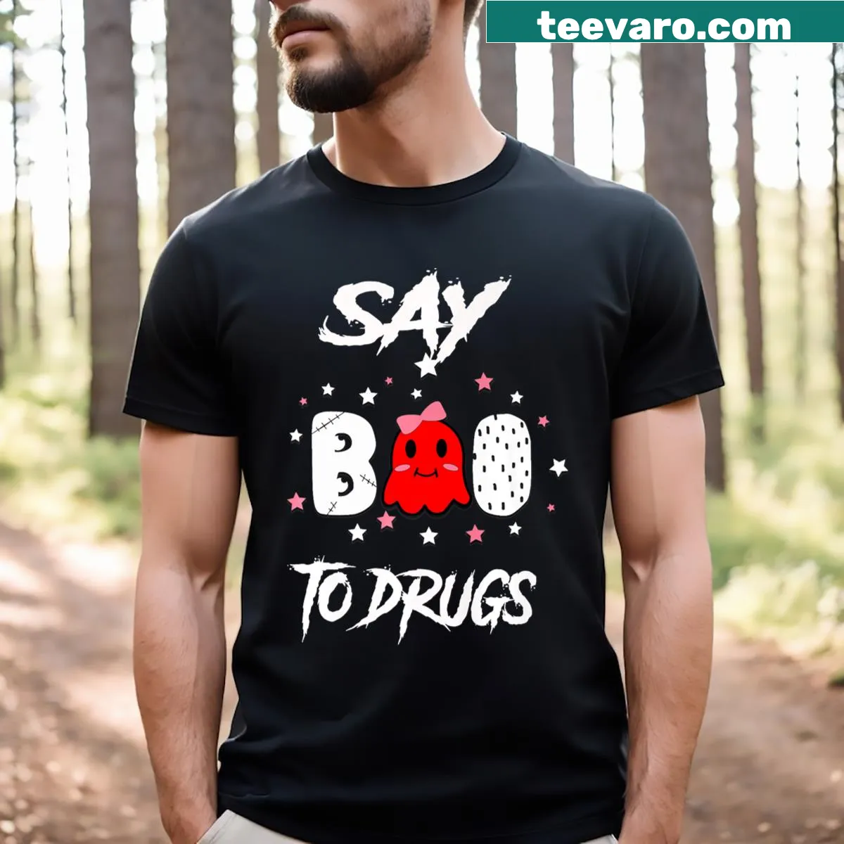 T-shirt featuring the phrase 'Say Boo To Drugs' for Halloween awareness. — on a men's t-shirt