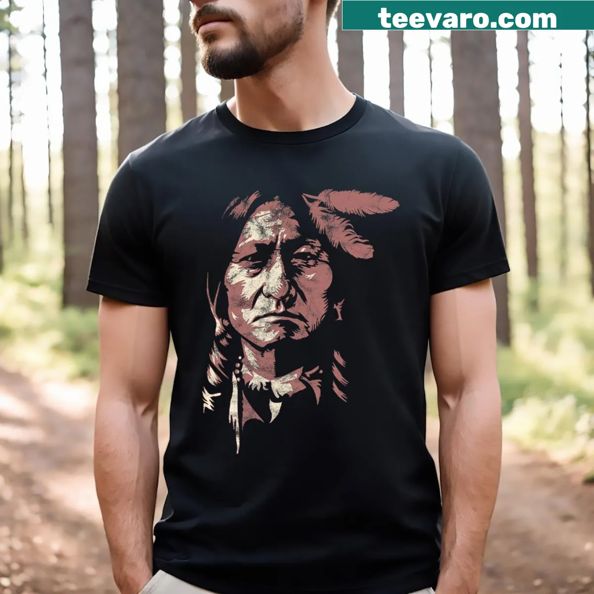 Illustrative t-shirt featuring Sitting Bull, the Native American chief — on a men's t-shirt