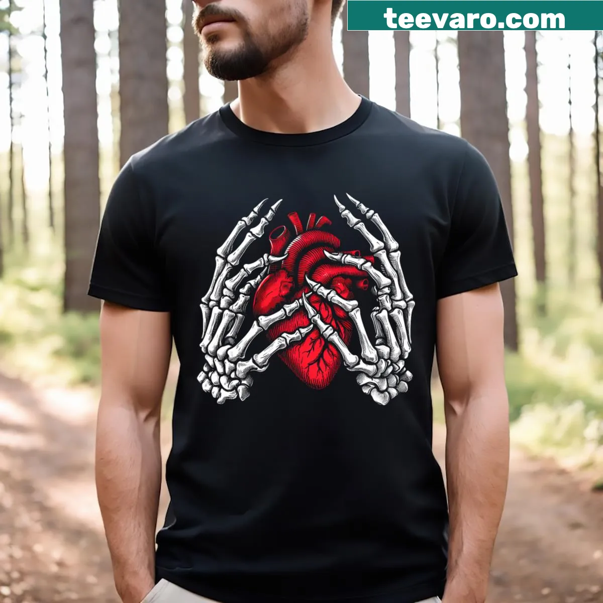 Skeleton hands holding a heart graphic on Halloween-themed shirt. — on a men's t-shirt