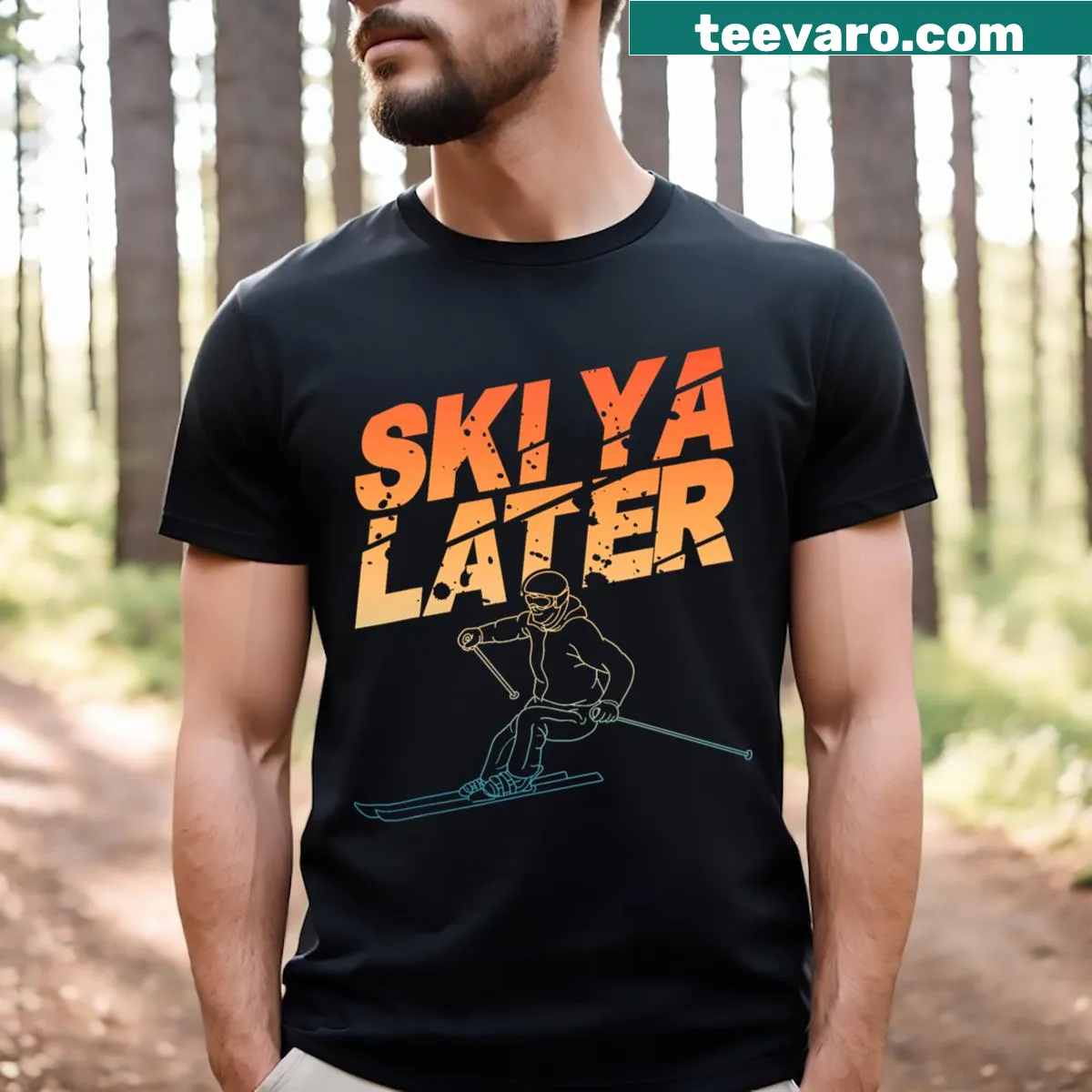 Illustrative T-shirt for men who love skiing and snowboarding — on a men's t-shirt