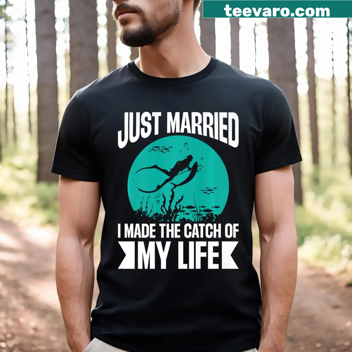 T-shirt featuring graphics related to spearfishing and fishing accessories — on a men's t-shirt