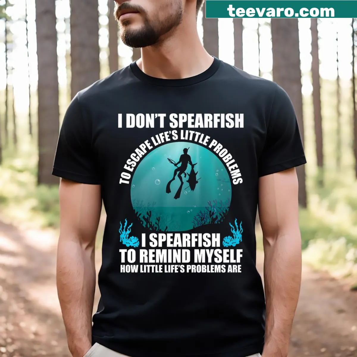 Fishing spear t-shirt with illustration of speargun accessories — on a men's t-shirt