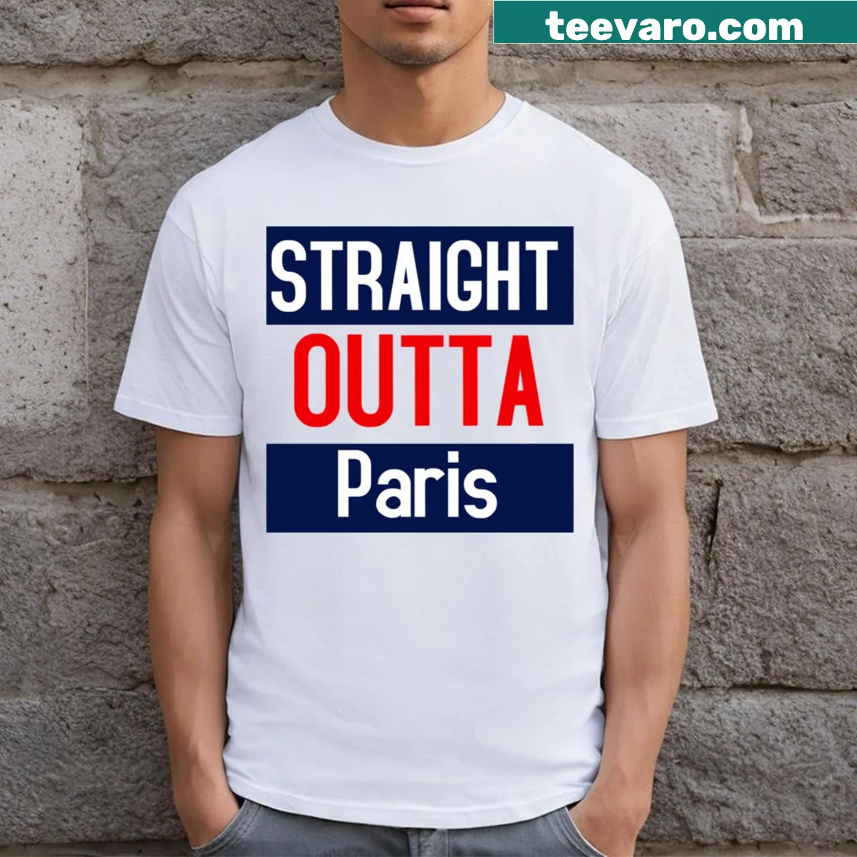 Straight Outta Paris T-shirt with bold typography — on a men's t-shirt