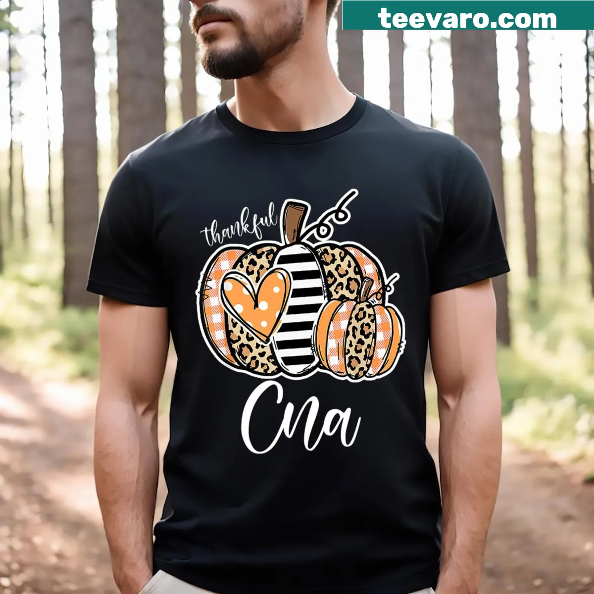 CNA Nurse T-shirt with pumpkin and leopard plaid design for Thanksgiving — on a men's t-shirt