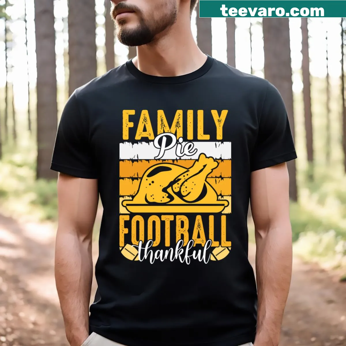 Thankful Family Feast T-shirt with football graphics for Thanksgiving — on a men's t-shirt