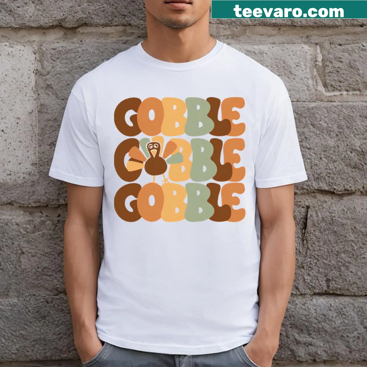 Thanksgiving T-shirt featuring a humorous gobbling turkey and fall theme — on a men's t-shirt