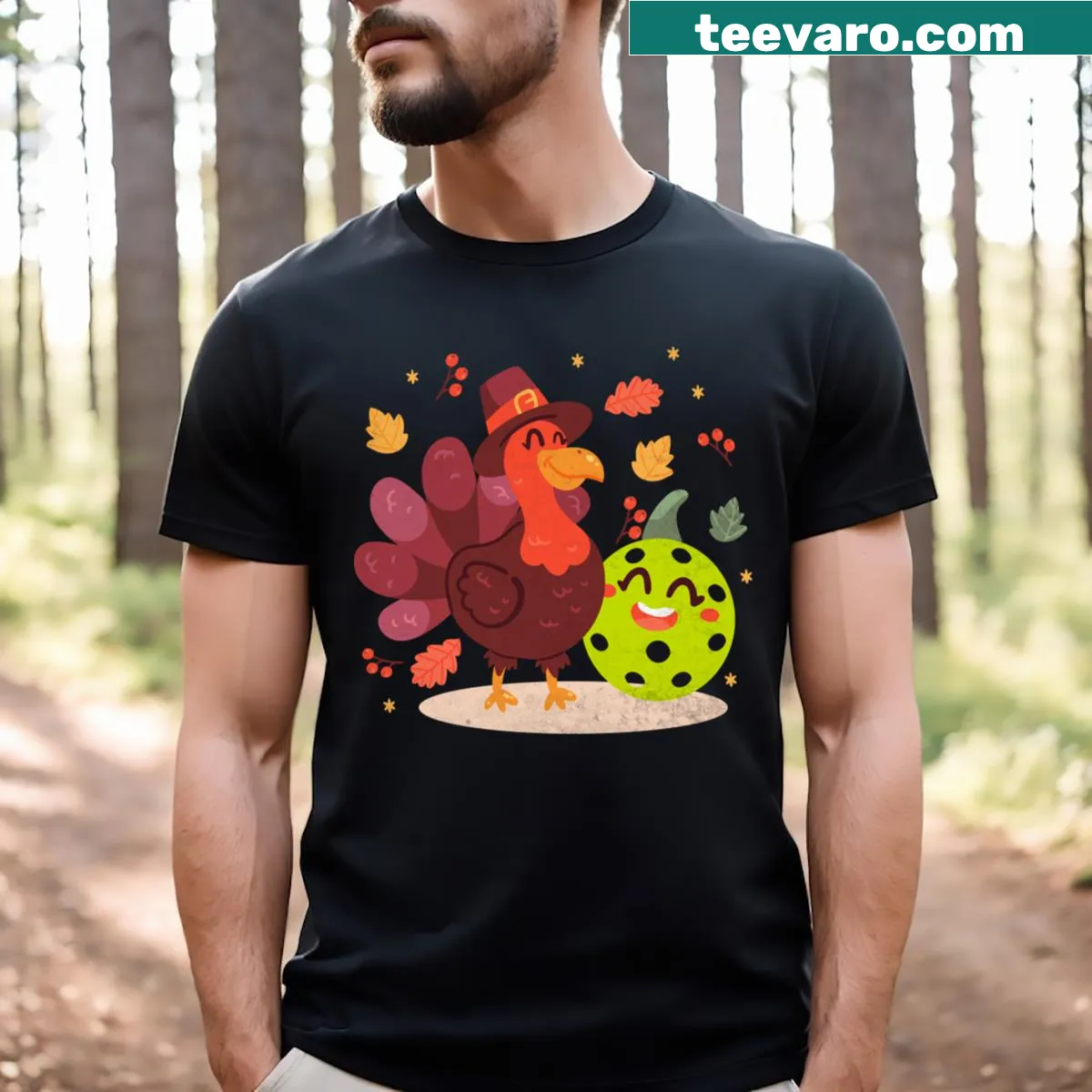Turkey holding a pickleball paddle for Thanksgiving t-shirt — on a men's t-shirt