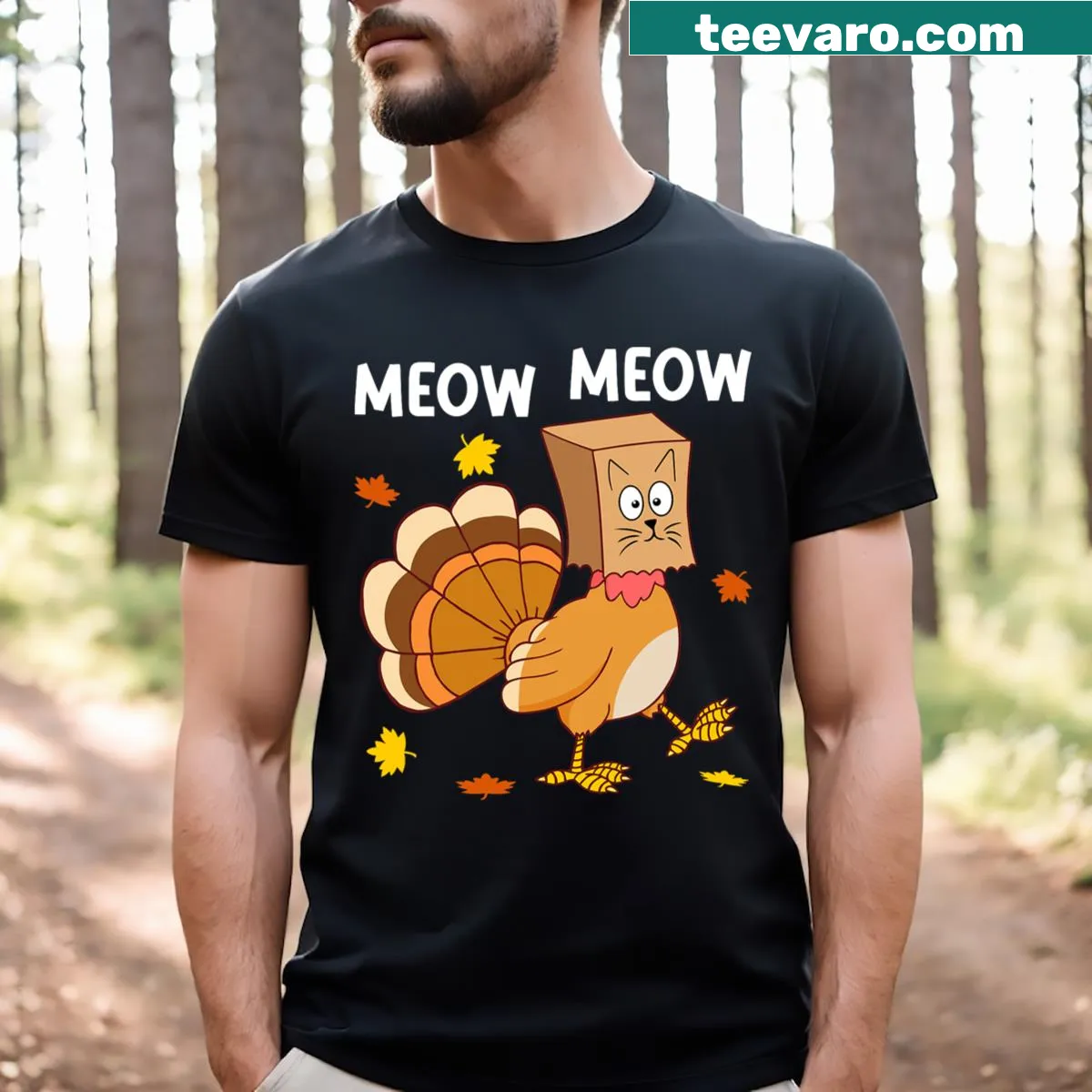 Humorous graphic of a turkey and cat on Thanksgiving T-shirt — on a men's t-shirt