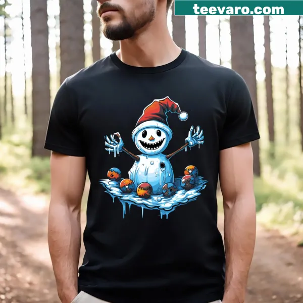 Cartoon snowman juggling festive items on a T-shirt