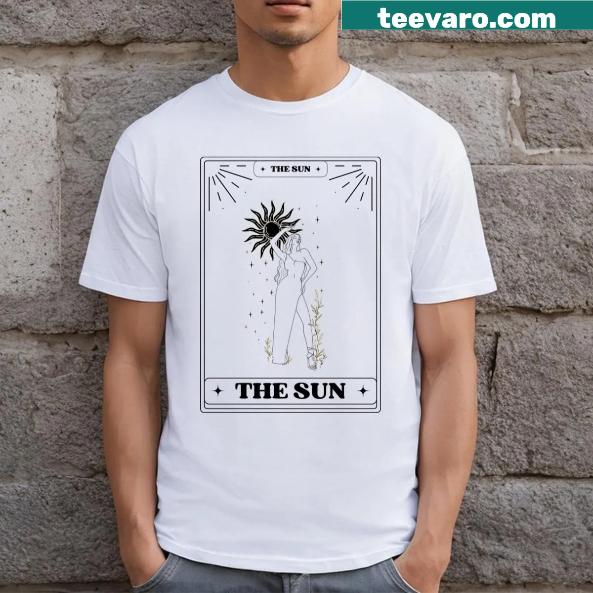 Illustrative Sun Tarot card graphic on a T-shirt — on a men's t-shirt