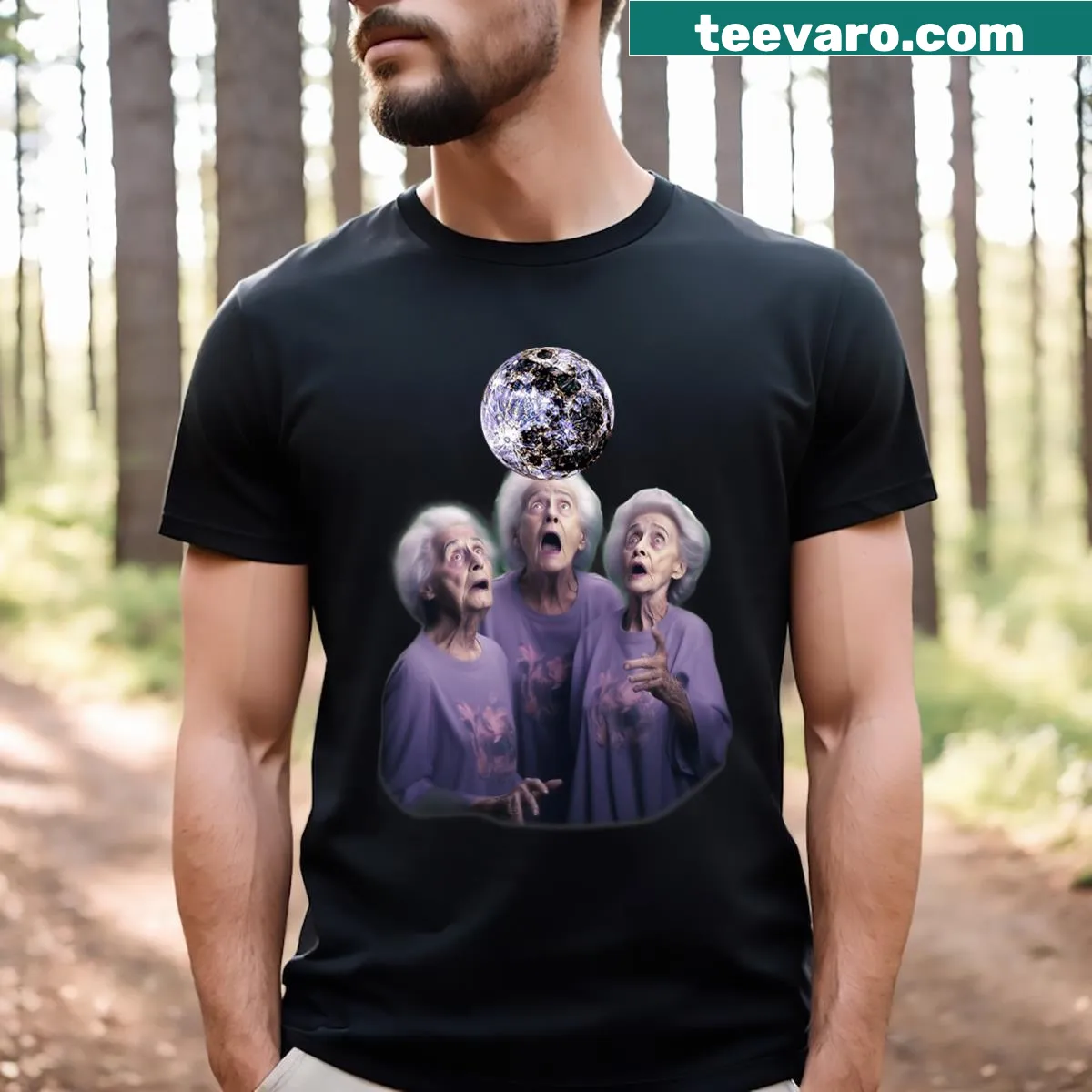 Cartoon of three grannies howling at the moon on a T-shirt — on a men's t-shirt
