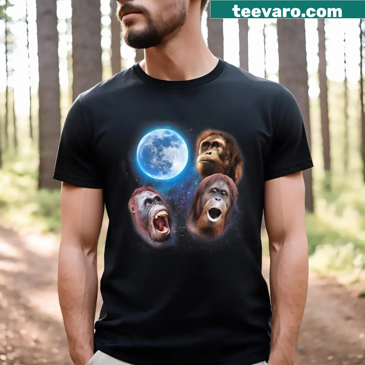 Funny t-shirt featuring three orangutans howling at the moon — on a men's t-shirt