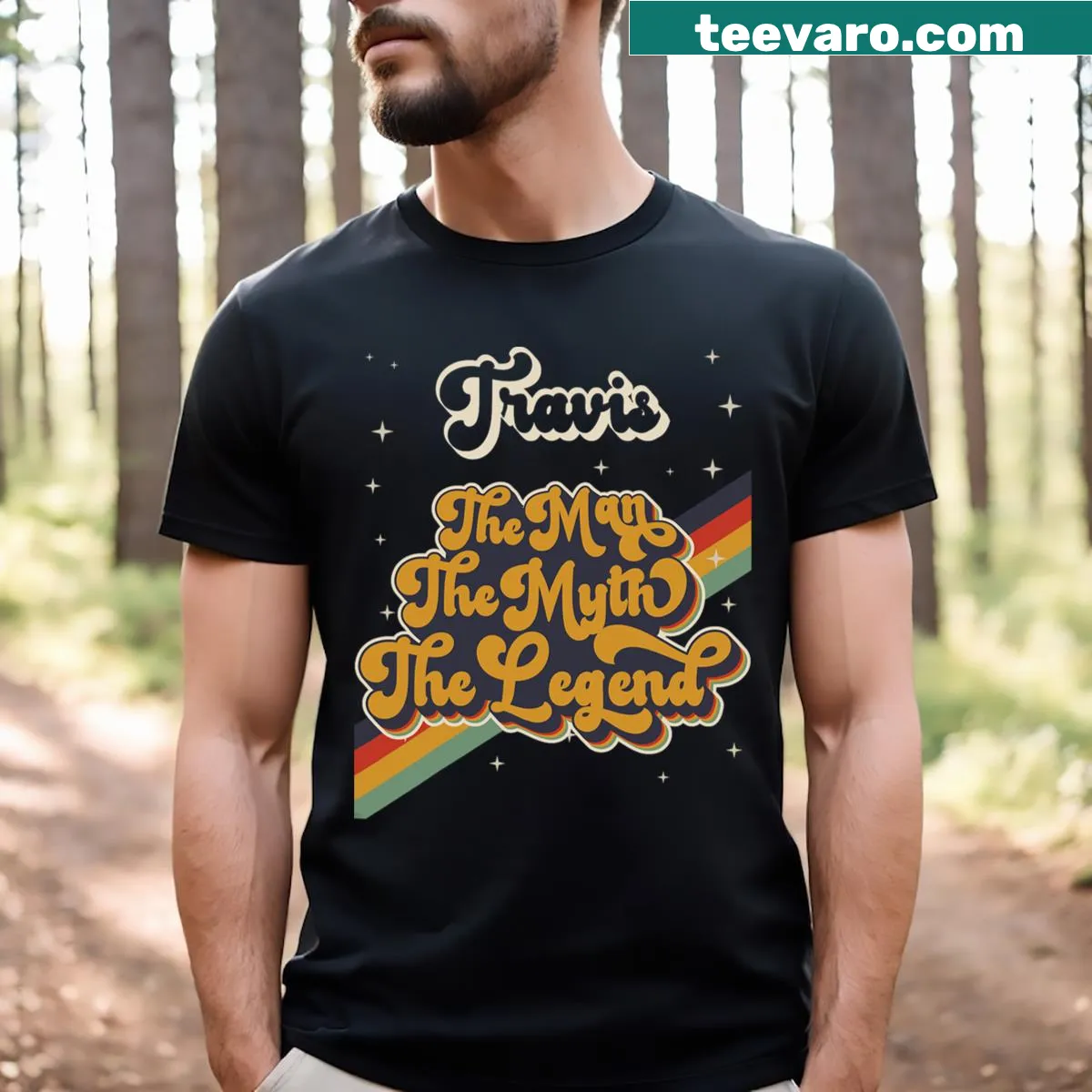 Retro t-shirt celebrating the name Travis with humorous text — on a men's t-shirt